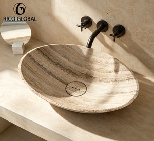 อ่างล้างหน้าทรงรี RICO GLOBAL Oval Travertine แบบวางบนเคาน์เตอร์ ทำจากหินธรรมชาติขัดเงา สไตล์มินิมอลสำหรับห้องน้ำ - Product Image 1