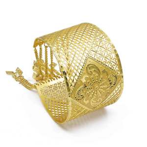Wholesale Women's Wide 14K 18K <b>24K</b> Dye <b>Gold</b> Plated Brass Cuff Kada Bangle Intricate Flower Filigree Cutwork Design Dangling - Product Image 1