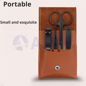 Wholesale Stainless Steel Black Coated Manicure Set <b>Nail</b> Clipper File Tweezer Scissors with Leather Pouch Grooming <b>Kit</b> - Product Image 4