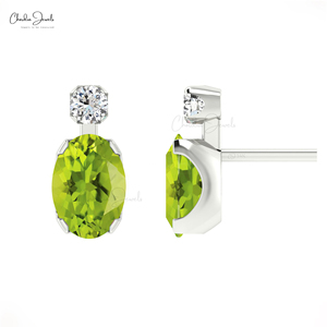 Boucles d'oreilles clous en or massif 14 carats avec péridot naturel et diamant, taille ovale 7x5mm, pierre précieuse, fermoir poussoir, bijoux pierre de naissance d'août - Product Image 3
