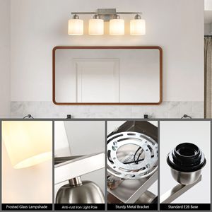 Lampada da Bagno Moderna a 4 Luci, Finitura Nichel Spazzolato con Paralume in Vetro Satinato Bianco Latte, Applique da Parete - Product Image 5