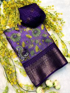 Soft Dola Silk Stylish Party Sarees with Kalamkari Design Jecqurd Butta Contrast Zari Weaving Hamsa Borders Blouse Shown in <b>Pic</b> - Product Image 2