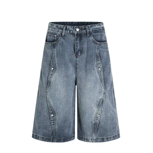 Shorts en jean mi-longs décontractés pour hommes, écologiques, respirants, avec logo frontal, style streetwear déstructuré, coupe ample et droite, jambe large - Product Image 3