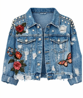 Jaket denim wanita bergaya Gothic Y2K, longgar, motif leopard, kasual, dengan logo custom, asimetris, jacquard, berikat pinggang, berumbai, lengan panjang, dan berhiaskan rhinestones.