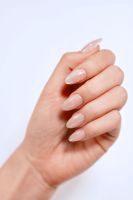 Faux Ongles en Gros Helios ABS, Rose Lacté Scintillant, Forme Amande, Estampage Doré, Personnalisés, Nude Pailleté, à Presser, Taille Moyenne