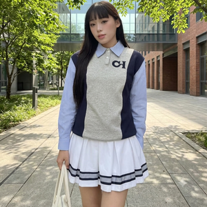 Girl <b>Skirt</b> Rina <b>Skirt</b> Style Pleated Mini <b>Skirt</b> With Striped Trim <b>Elastic</b> Waist White Navy Gray Woven Fabric All Season - Product Image 1