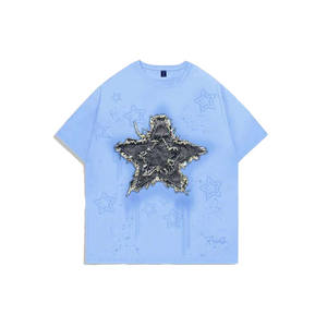 Camiseta Personalizada para Hombre, Estilo Oversize, Color Azul Claro, con Apliques de Estrellas, Algodón, Estilo Urbano, Logotipo Personalizado, 240 GSM - Product Image 1