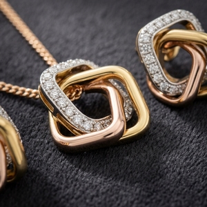10K 14K 18K Gold Geometric Pendant <b>Necklace</b> Interlocking Square Three Loops with Shimmering Round Pave Set Lab Grown Diamonds - Product Image 4