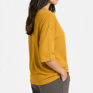 T-shirt en tricot à col rond jaune moutarde pour femme avec logo personnalisé, manches trois quarts, coupe ample, couleur unie, toutes saisons - Product Image 6