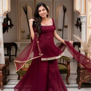 Conjunto de Traje de 3 Piezas de Georgette para Mujer con Bordado de Espejo Real, Kurti, Palazzo y Dupatta, Ropa Étnica Festiva - Product Image 3