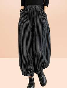 Women's High Waisted Striped <b>Harem</b> Pants Cotton Bamboo Fiber Loose Fit Ankle Length Elastic Waist Casual Autumn <b>Trousers</b> - Product Image 3