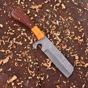 Couteau de boucher de cowboy en acier Damas forgé à la main, personnalisé OEM, lame pleine longueur EDC, manche en bois et os avec fourreau - Product Image 4