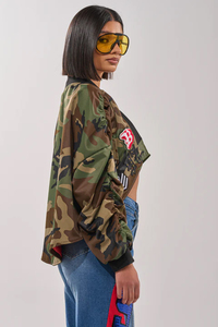 Camouflage Bomber <b>Jacket</b> With Turn-down Collar Batwing Sleeve Short Length Polyester Material Casual Style Unisex Autumn Wear - Product Image 2