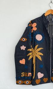 Veste en coton noir brodée à la main avec motif floral palmier coucher de soleil, manches longues, col montant, vêtement d'extérieur d'hiver pour femme - Product Image 5