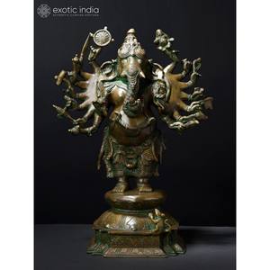 รูปปั้นพระพิฆเนศทองเหลืองขนาด19นิ้วรูปปั้นสิบหกติดอาวุธ - Product Image 2