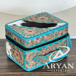 Super September Western Hand Tooled Leather Jewelry Organizer Luxury Cowhide Leather Zipper Closure Makeup <b>Travel</b> Storage <b>Case</b> - Product Image 1