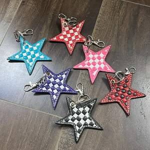2026 Hot Selling Black & Red Star Checkered Cow Leather Keychain Cute Designer Unisex Fashion <b>Bag</b> <b>Charm</b> Key Holder For Gift - Product Image 5
