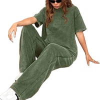 Ensemble décontracté deux pièces pour femme, col uni, manches courtes, pantalon droit, effet délavé, coupe classique, 100% coton, style vintage