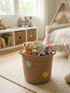 Beautiful design seagrass storage <b>basket</b> with handle make in Vietnam decor <b>basket</b> for your space - Product Image 2