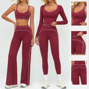 Burgundy Seamless 2-Piece Yoga Set Mid Waist Shorts <b>Crop</b> <b>Top</b> Racerback Solid Color Contrast Stitch Four-Way Stretch Breathable - Product Image 4