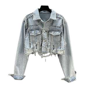 Veste en jean pour femme ornée de strass, qualité supérieure, prix abordable, coupe courte, effet vieilli, ourlet brut - Product Image 1