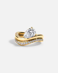 14k Solid <b>Gold</b> Prong Setting Pear Cut Lab Grown Solitaire Diamond Pave Accented Band Wave Design Luxury Unisex <b>Ring</b> <b>Set</b> - Product Image 1