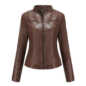 Chaqueta de Moto de Cuero PU Marrón para Mujer, Cuello Alto, Manga Larga, Cierre de Cremallera, Color Sólido, para Otoño - Product Image 1