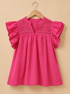 Chemise bohème rose pour femmes avec manches à volants, col en V, coupe ample, en coton, pour le printemps et l'été, vêtements décontractés - Product Image 3