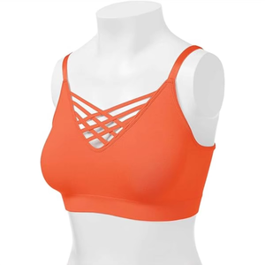 Sujetador deportivo para mujer, sin aros, con espalda cruzada, color naranja liso, tirantes ajustables, copa completa, de elastano y poliéster, para todas las estaciones. - Product Image 1
