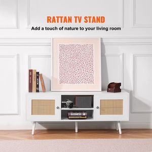 Mueble de TV Moderno de Mediados de Siglo, Mueble de TV Boho con Estantes Ajustables, Consola de TV de Ratán, Apto para TV de 55 Pulgadas, Estilo Madera, Livi - Product Image 2