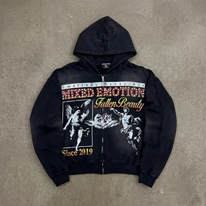 Sudaderas con Capucha y Cremallera MIXED EMOTION 100% Algodón, Estilo Hip-Hop, con Estampado de Diamantes de Imitación, Talla Grande, para Hombre y Mujer - Product Image 2