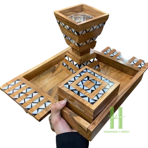Quemador de incienso con incrustaciones de madreperla, juego de quemador de incienso Bakhoor árabe con bandeja y caja, logotipo personalizado de estilo árabe de Vietnam - Product Image 3