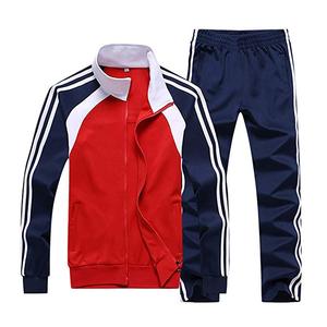 ชุดวอร์มแบบ unisex สีแดงน้ำเงิน ผ้าหนา คอตั้ง แขนยาว ซิปหน้า เสื้อแจ็คเก็ต กางเกงขายาว มีกระเป๋าข้าง ระบายอากาศได้ดี ผลิตจากโพลีเอสเตอร์ - Product Image 1