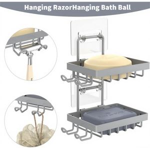 Portasapone Doppio da Parete Grigio in Acciaio Inox 304 Antiruggine, Senza Foratura, 4 Ganci per Doccia - Product Image 2