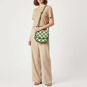 Green Checkered Crochet Design Hair On Leather Shoulder Bag Women Bohemian Crossbody Sling <b>Purse</b> - Product Image 1