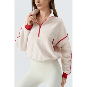 2026 New Arrival <b>Women's</b> <b>Cream</b> <b>Fleece</b> Half-Zip Oversized Sweatshirt Stand Collar Drop-Shoulder Full Sleeve Winter Wear Cropped - Product Image 4