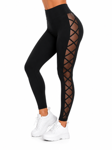 Leggings extensibles noirs taille haute pour femmes avec empiècements latéraux en maille – Pantalon de sport tendance pleine longueur - Product Image 3