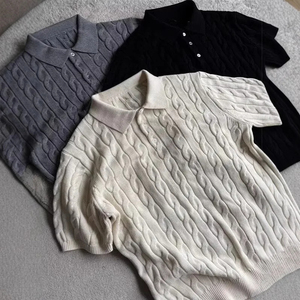 Classic <b>Cable</b> <b>Knit</b> Polo <b>Sweater</b>, Short Sleeve Button Down Casual <b>Knit</b> Top, Spring Summer Comfortable Tee - Product Image 1