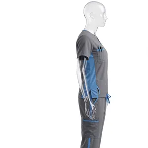Unisex Grey <b>Blue</b> <b>Scrub</b> Set Short Sleeve Pocket Top Drawstring Pants Breathable 100% Polyester Needle Detection - Product Image 4