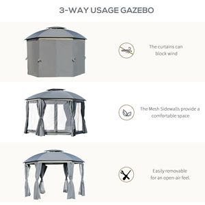 Gazebo Moderno 12x12 con Doppio Tetto, Zanzariere e Tende, Porte Impermeabili con Cerniera, in Alluminio e Ferro Grigio per Cortili e Parchi - Product Image 6