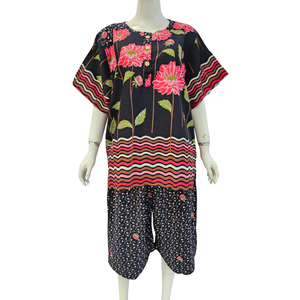 Ensemble de détente d'été pour femme, motif floral, manches courtes, col rond, 100 % coton, pantalon longueur genou, coupe ample, imprimé nœud, tenue décontractée - Product Image 5