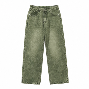 Jean en denim vert délavé coupe droite taille haute décontracté cinq poches en coton pour homme – Collection automne - Product Image 1