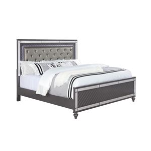 Letto King-Size in Stile Moderno Glam con Luci LED, 1 Pannello in Ecopelle, Testiera Imbottita con Bottoni Trapuntati, Inserti in Vetro, Finitura Grigia - Product Image 2