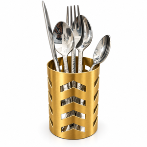 Porte-couverts en acier inoxydable finition cuivre rose doré – Organisateur décoratif en métal pour ustensiles de cuisine avec motif chevron découpé - Product Image 2