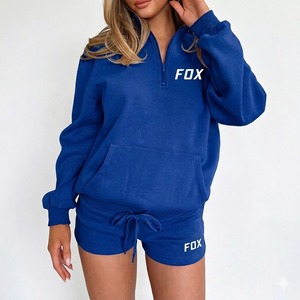 Ensemble 2 pièces décontracté athleisure pour femme : haut à col rond et demi-zip à manches longues, et short – 100 % coton molletonné, imperméable, respirant et écologique - Product Image 3