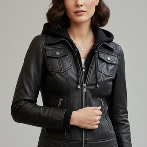 Veste en cuir d'hiver pour femmes, texture lisse, vêtement décontracté à la mode - Product Image 1