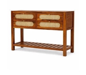 Boho Rattan Solid Wood <b>Console</b> <b>Table</b> with 4 Drawers | Modern Wooden Hallway <b>Table</b> with Woven Rattan Drawers & Slatted Shelf - Product Image 4