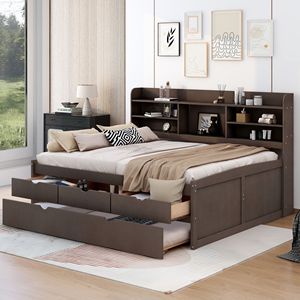 Cama de Capitán de Madera Gris Antigua de Tamaño Completo con Estanterías Integradas y Cama Nido con Tres Cajones de Almacenamiento - Product Image 2