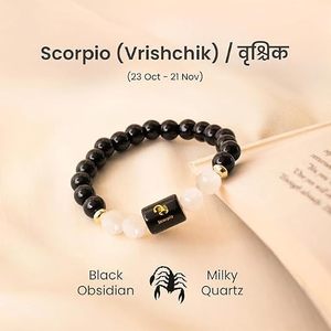 Pulsera de Cristal del Zodiaco Escorpio de Primera Calidad con Cuentas de Obsidiana Negra, Etiqueta de Cobre con Patrón de Escorpión y Símbolo Sánscrito Grabado - Product Image 3