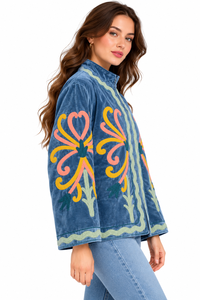 <b>Women</b> Handmade Knitted <b>Velvet</b> Butterfly Embroidery Breathable Long Sleeve Stand Collar Winter Bomber <b>Jacket</b> - Product Image 2